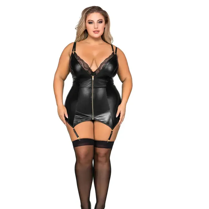 Plus Size Lingerie DoubleLayerFront Teddy and Slip with Attached Garters Dreamgirl International Plus Size