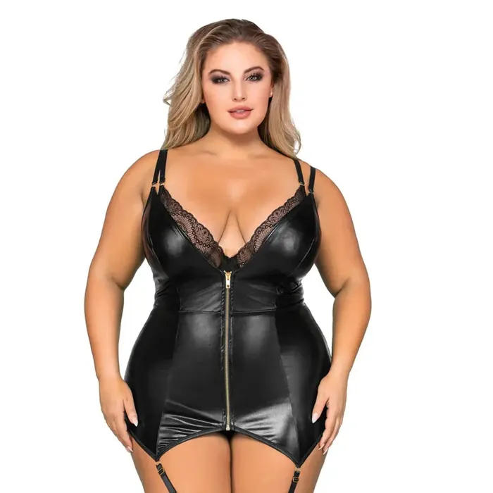 Plus Size Lingerie DoubleLayerFront Teddy and Slip with Attached Garters Dreamgirl International Plus Size
