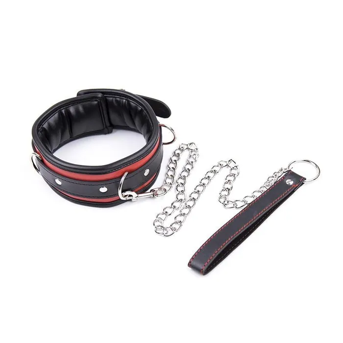 Idea Restraints 2503MQ Locking Padded and Lined Black and Red Bondage Collar with Leash Set